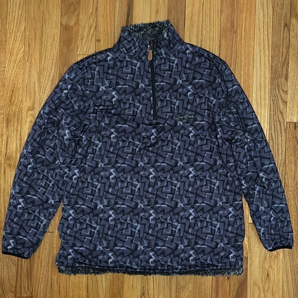 USA Palm Sweatshirt Men's Medium Sherpa Blue Reversible 1/4 Zip Pullover Golf